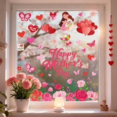 6 Sheets Happy Mother’ s Day Window Clings Rose Flower Heart Window Decal Red Pi