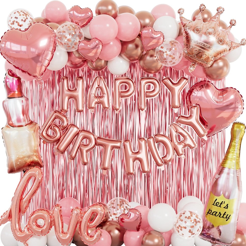 Decoracion De Feliz Cumpleaños Cortinas Globos Rose Gold Para Niñas Mujer Set US