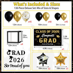 Black and Gold Graduation Decorations 2026, 138 Pcs Graduation Balloon Arch Kit