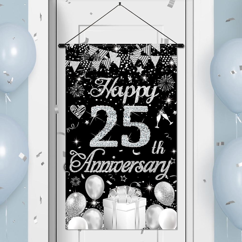 Happy Anniversary Decorations Small Banner Black Silver Happy 25Th Anniversary C