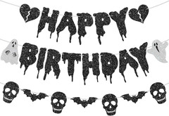 Glitter Black Halloween Birthday Banner-Heart Ghost and Skull Happy Birthday Dec