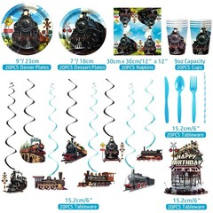 Train Birthday Party Decorations Set – Happy Birthday Backdrop, Plates, Cups, Na