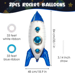 2 Pcs Large Blue Rocket Balloons for Kids, 33 Inch Rocket Ship Balloon, Outer Sp