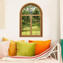 3D Wall Stickers Fake Window Stickers,Arched Garden Scenery View Green