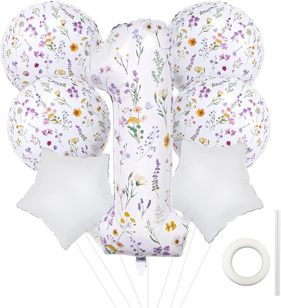 7Pcs Wildflower Balloons Decoration, 40In Wildflower Theme Number 1 Foil Balloon