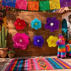 Bright Colors Artificial Crepe Tissue Paper Flowers Fiesta Wall Decor Set