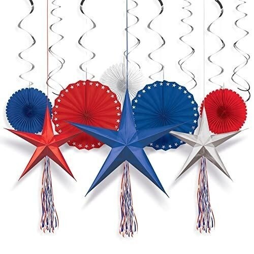 16 Piece Patriotic Decorating Kit – 5 Tissue Paper Fans 3 Foil Stars 8 Foil Swir