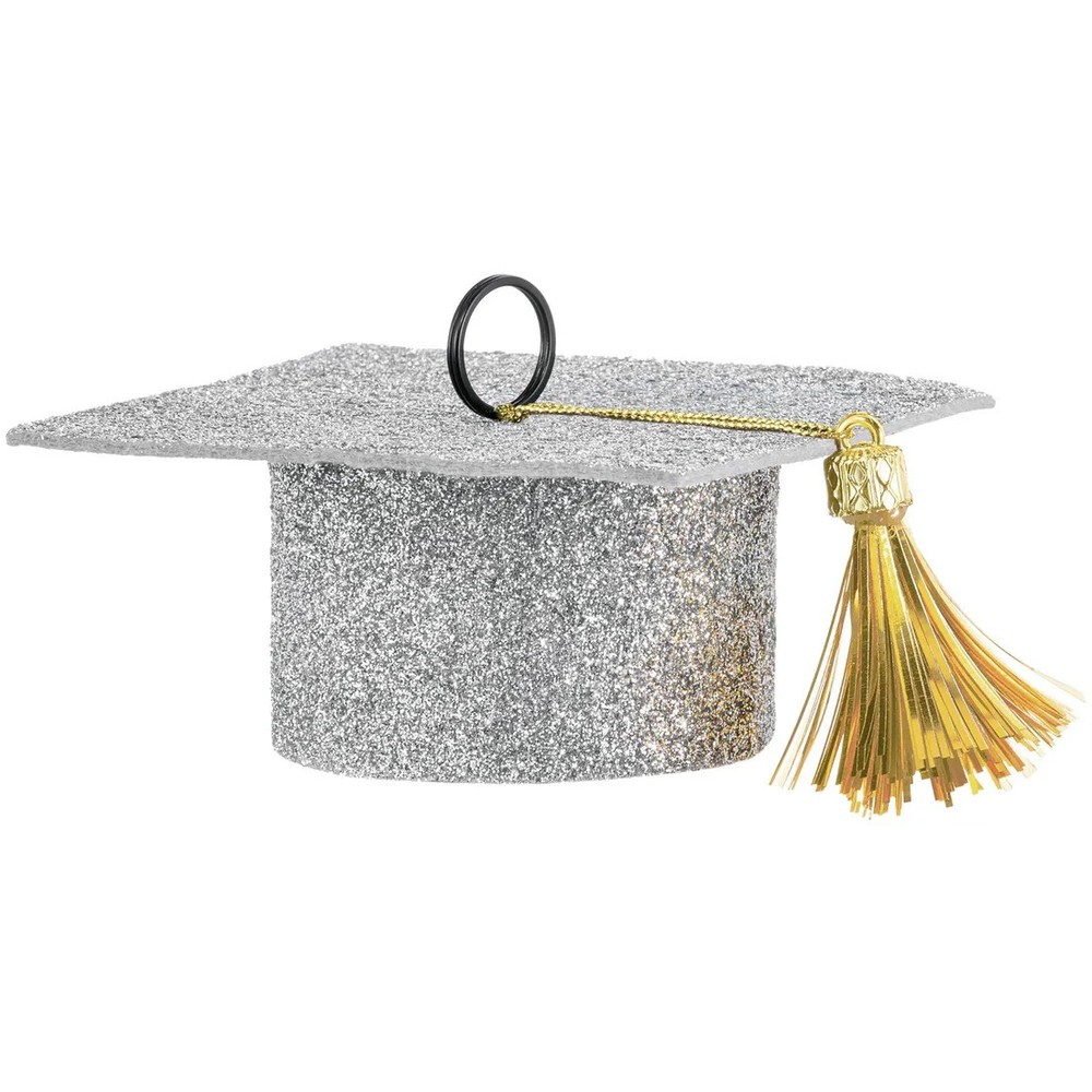 Sparkly Silver Glitter Graduation Cap Balloon Weight Holder | Grad Party Decor