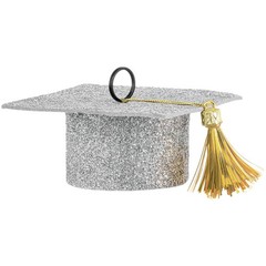 Sparkly Silver Glitter Graduation Cap Balloon Weight Holder | Grad Party Decor