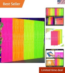 4 Pack Glow in The Dark Tinsel Curtains, Neon Party Decorations 3.3 x 6.6 Ft …