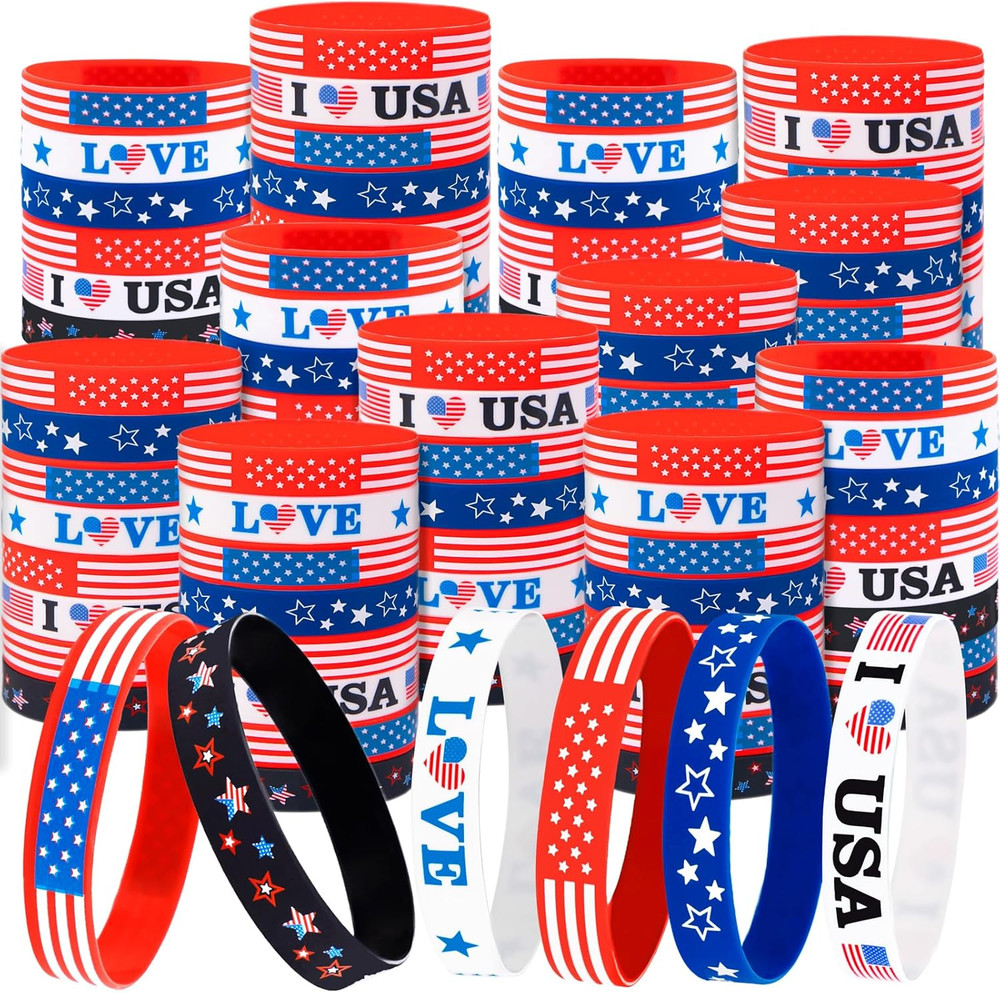 144PCS 4Th/Fourth of July Accessories Party Favors: Patriotic Silicone Rubber Br