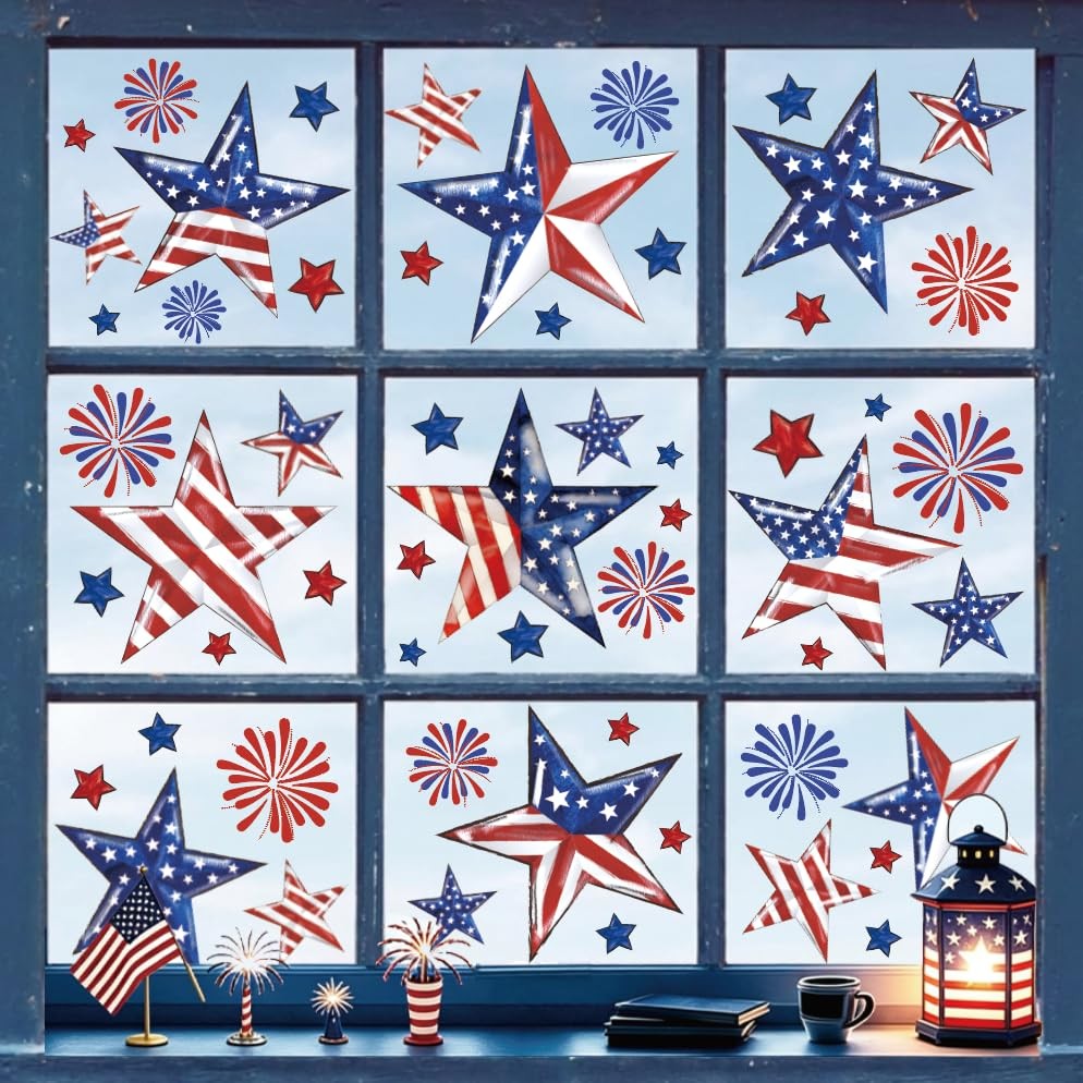 9 Sheets 4th of July Window Clings Patriotic USA Star Firework Glass Stickers Vi