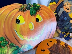 Vintage 10 Halloween Cardboard Diecut Decorations Witch Pumpkin Raccoon Skull ++