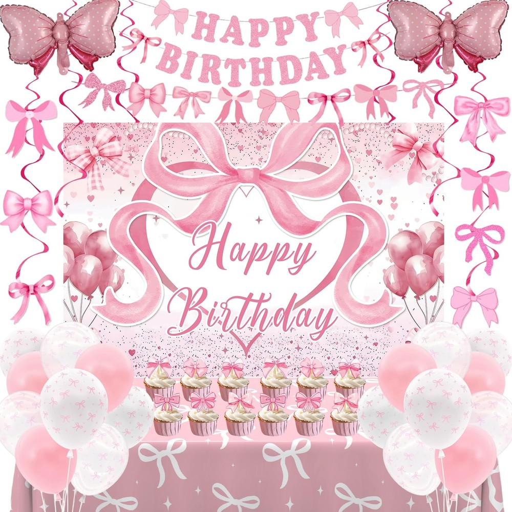 Pink Bow Decorations for Girls , Coquette Decorations, Pink and White Happy B…