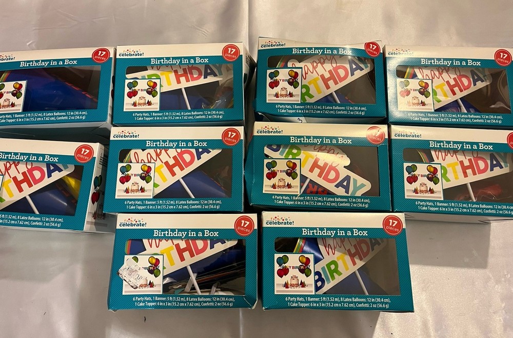 10- Birthday In A Box Set Hats -Banner – Balloons – Cake Topper – Confetti- NEW