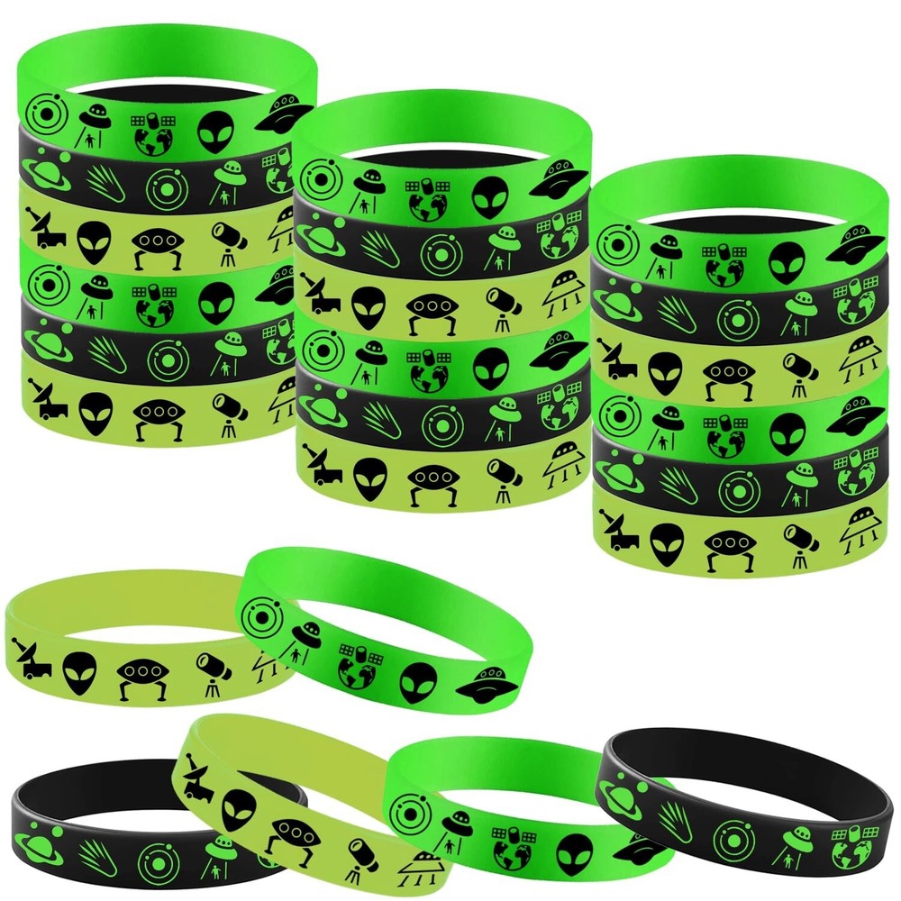 48PCS Green Alien Party Rubber Bracelets, Outer UFO Space Alien Themed Birthd…