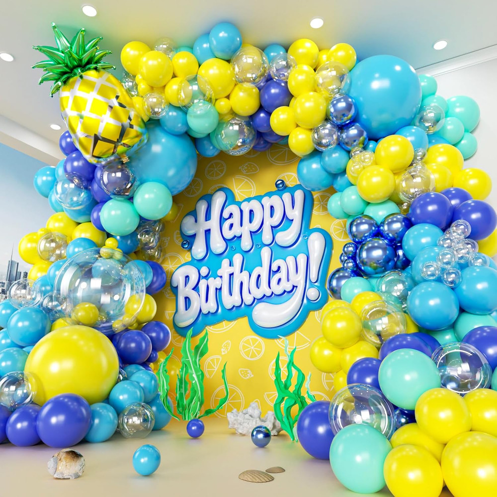 160Pcs Cartoon Sponge Balloons Garland Arch Kit, Birthday Decorations Yellow Blu