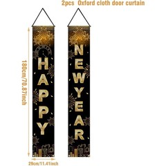 Happy New Year Black Gold Decorations – Front Porch Hang Door Banners, New Year