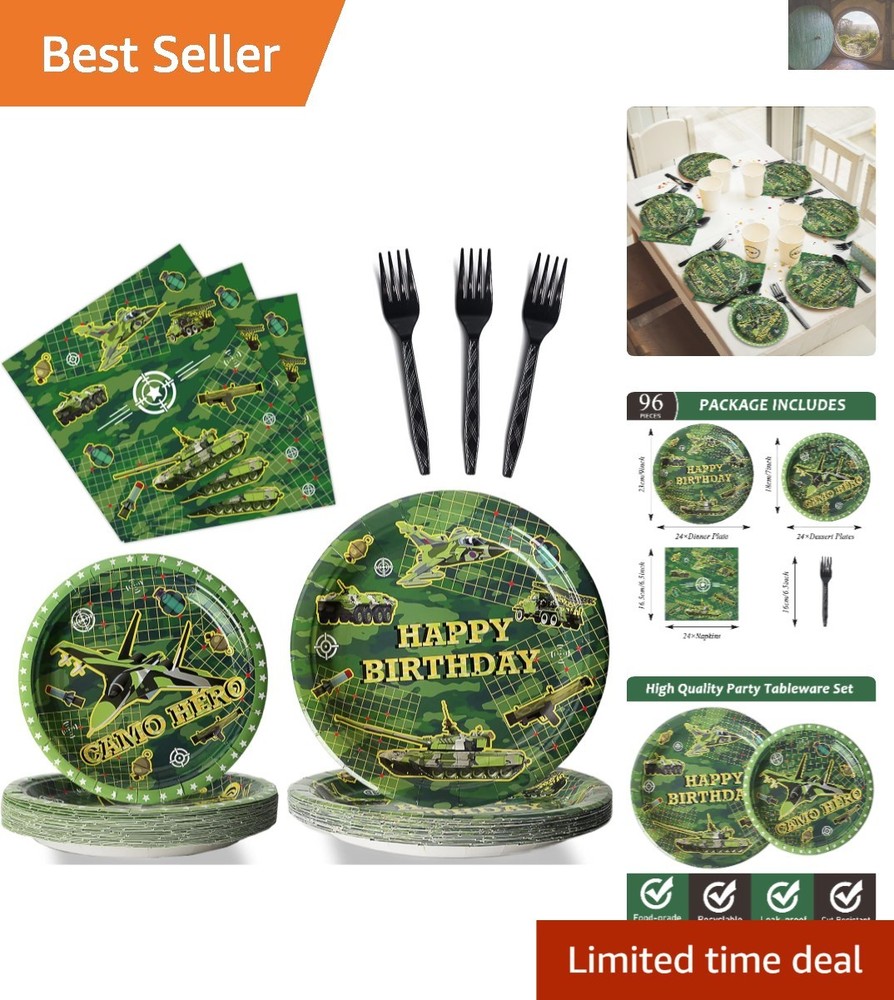 Army Camouflage Birthday Tableware Set – 96 Pcs for Military Theme Celebrations