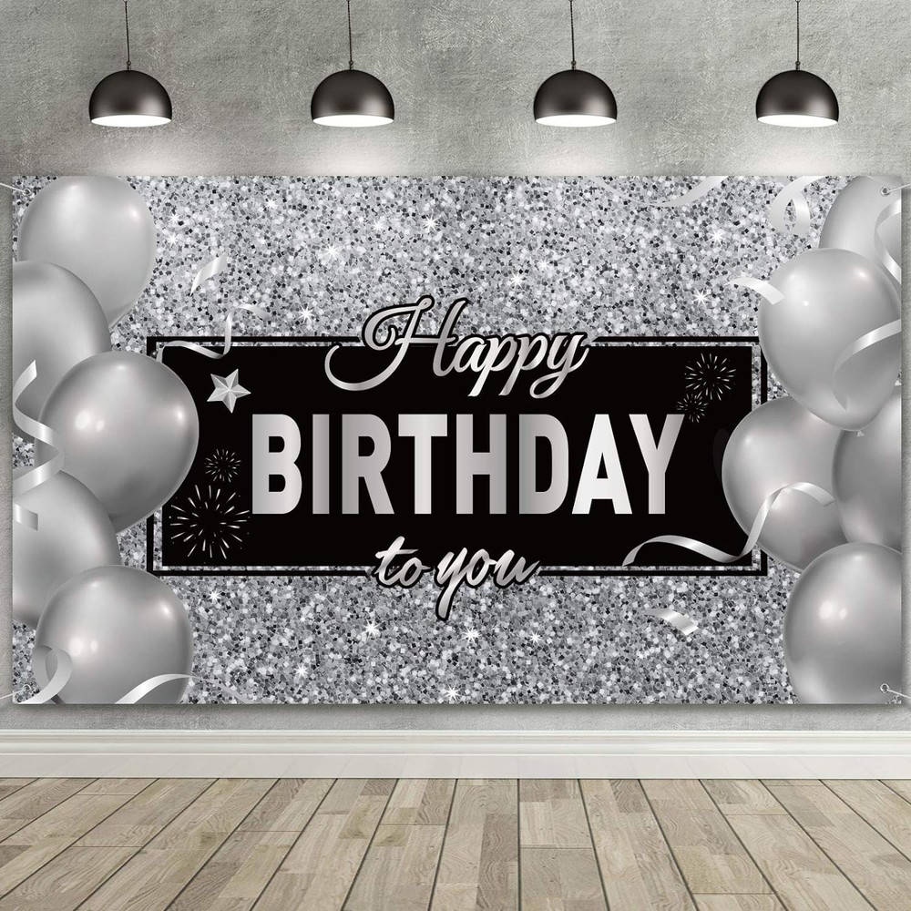 Sumind Black Silver Happy Birthday Banner Backdrop Party Decoration for Men Wome