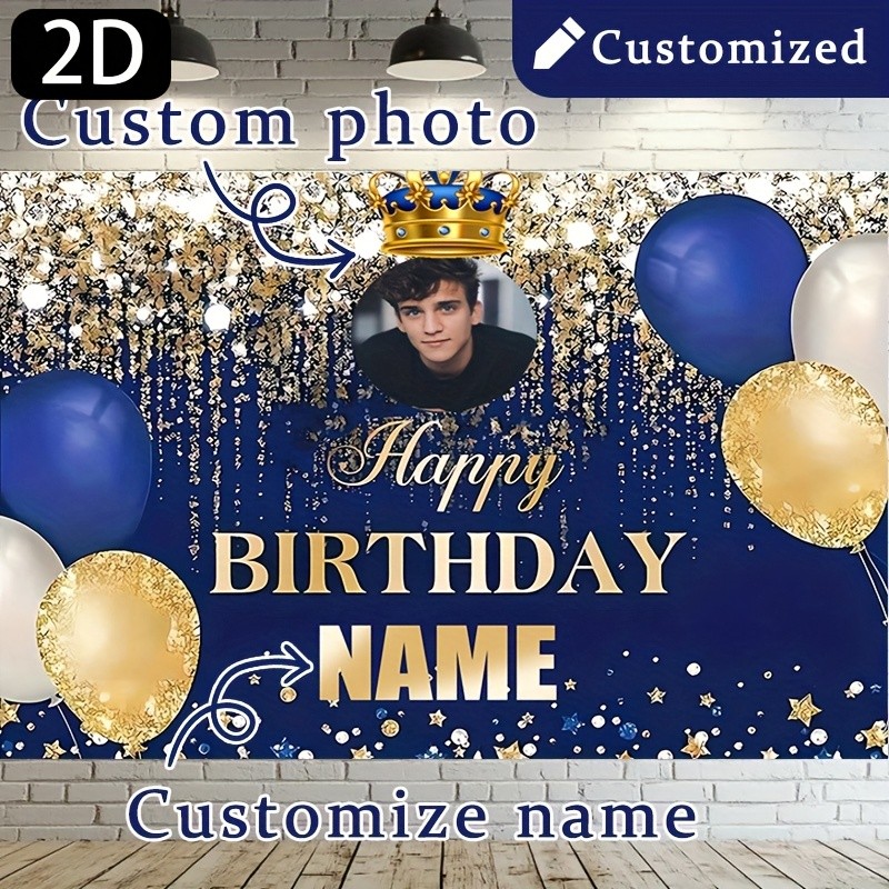 1pc 2D Blue Golden Crown Personalized Birthday Custom Poster Tapestry Banner ❀