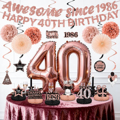 40Th Birthday Decorations Kit for Women, Rose Gold Happy 40Th Birthday Banner, A