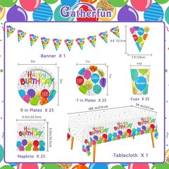 Multicolor Birthday Party Essentials Set for 25 Paper Plates Cups Napkins Banner