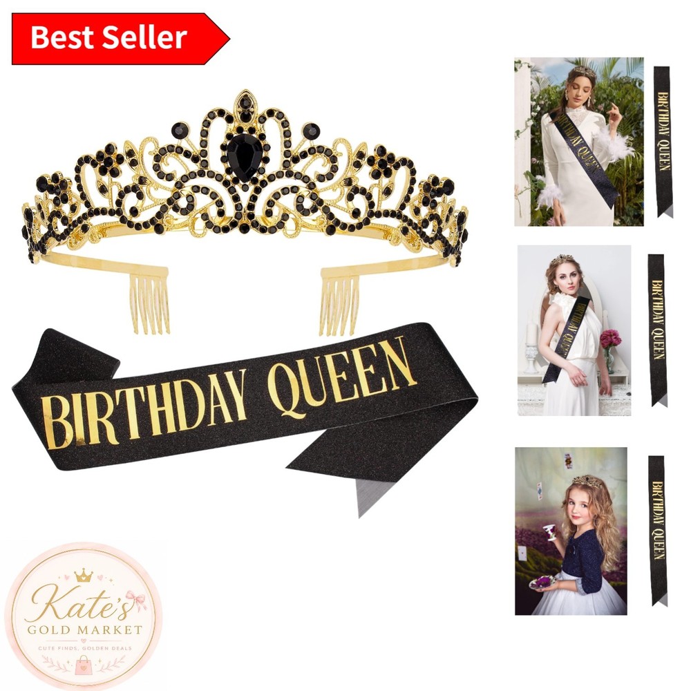 Elegant Black & Gold Rhinestone Birthday Crown Tiara with Sash – Celebrate in…