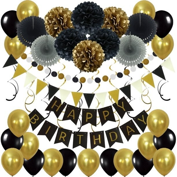 Birthday Decoration Set, Happy Birthday Banner, Paper Fans, Pom Poms, Balloons
