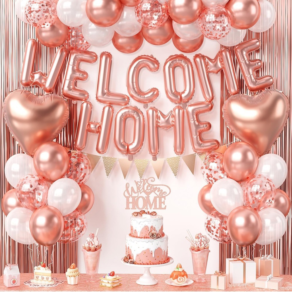 Rose Gold Welcome Home Decorations – Balloon Banner, Heart Foil Balloons & Fring