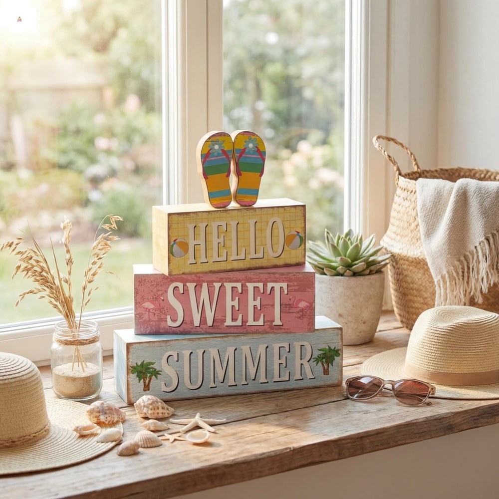 Creative Summer Table Centerpiece – 4 Wooden Flip Flop Blocks for Gifting