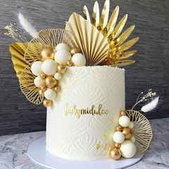 Champagne Rose Bohemian Cake Decoration Set Gold Palm Leaves White Gold Balls Ca