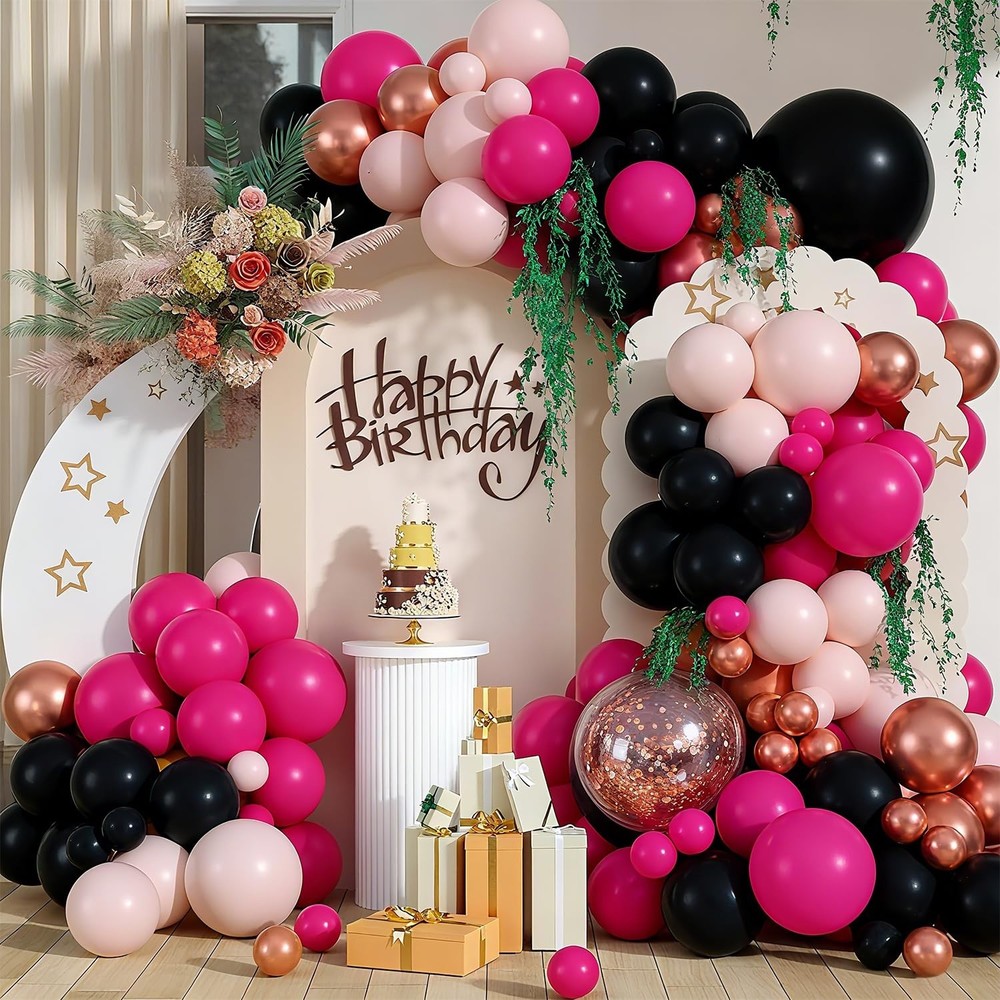 Hot Pink Black Rose Gold Balloon Garland Arch Kit, 127pcs Pink and Black Ball…