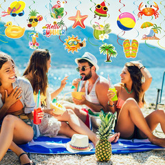 35Pcs Summer Pool Beach Hanging Swirl Decor, Hello Summer Beach Party Decoration