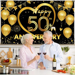 Happy 50Th Anniversary Backdrop, Black Gold Golden Anniversary Decorations, 50Th