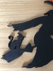 halloween Hanging Black Witch & Cat. Laser Cut Painted Plywood. With Ribbon.