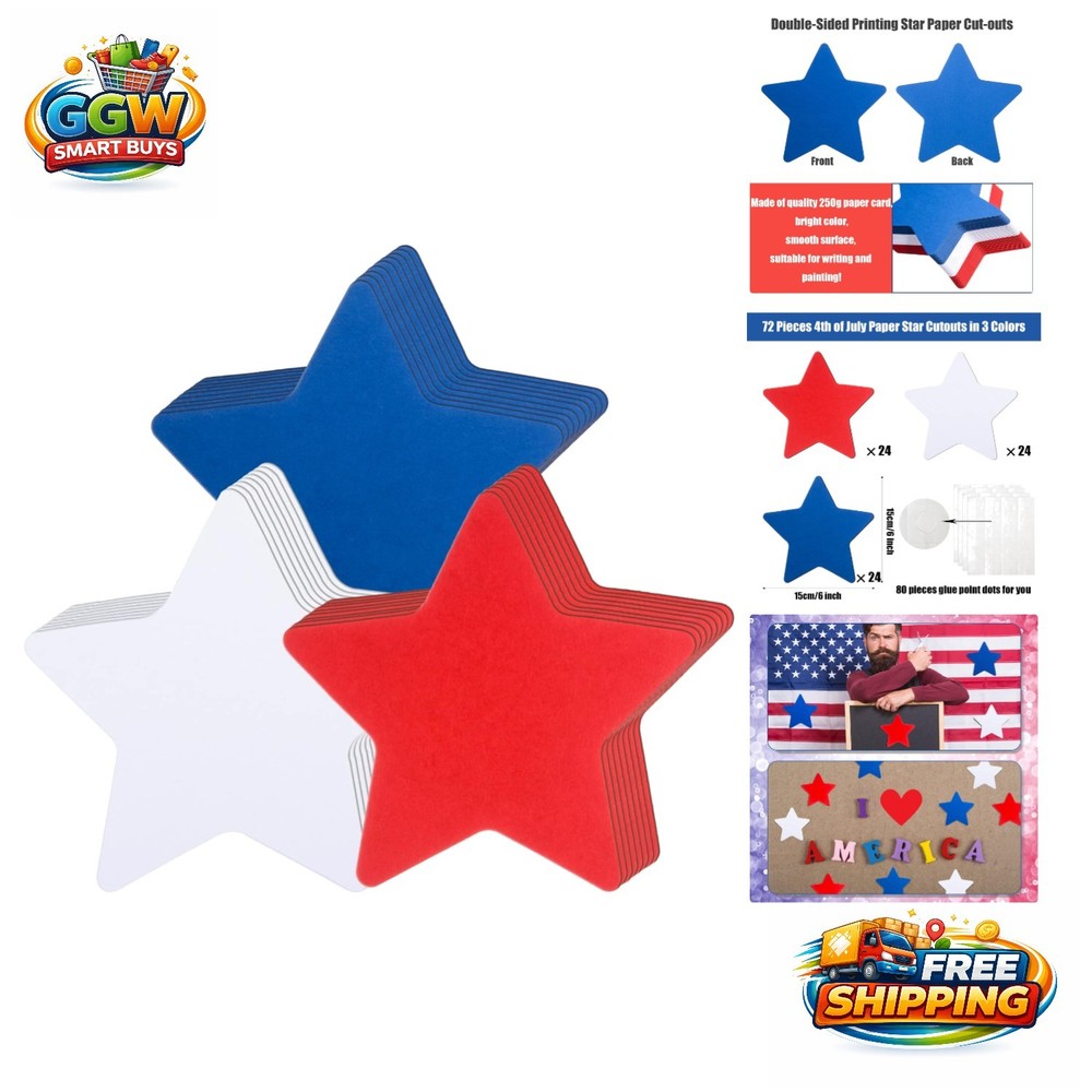 6-Inch Star Paper Cutouts – 72 Durable Red, White & Blue for Craft Projects