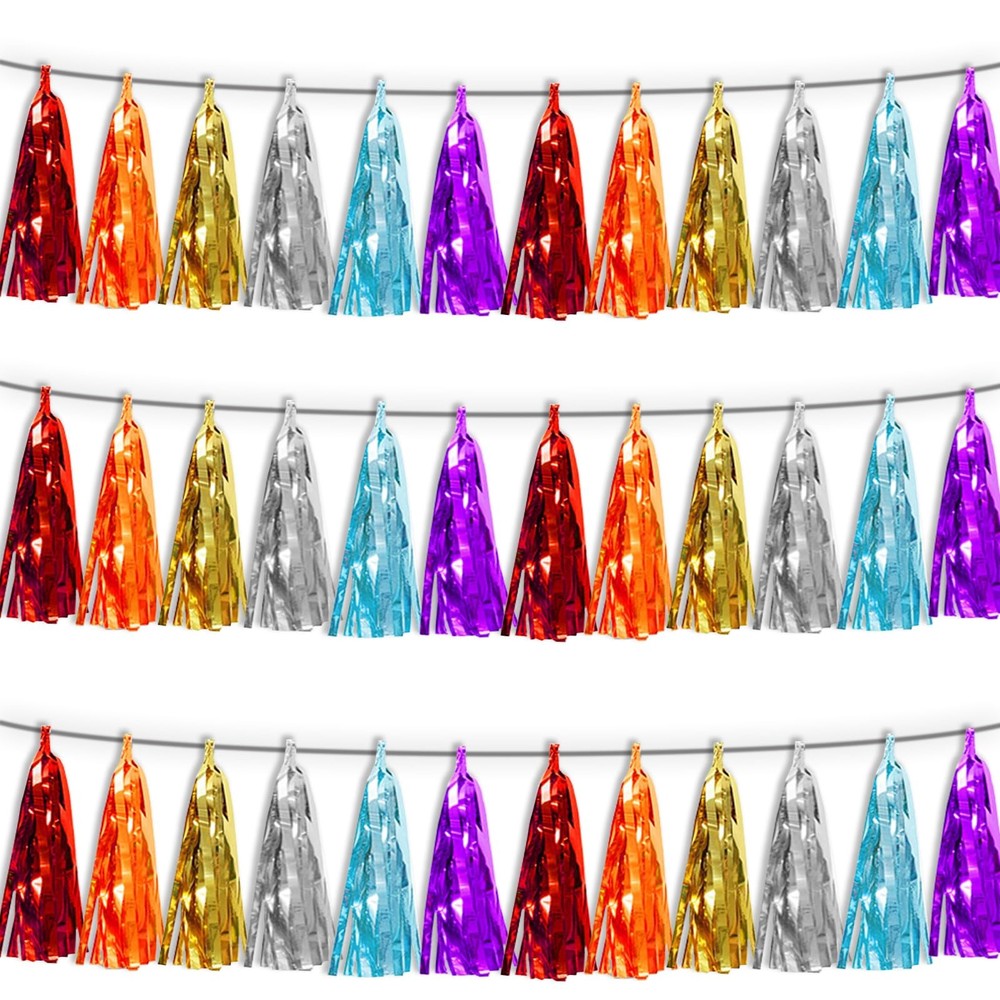 3P Lake Blue Orange-Red-Gold-Silver-Purple Tassel Banner Garland Metallic Foi…