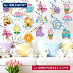 24Pcs Spring Hanging Decorations, Flower Butterfly Ceiling Hanging Swirls Cutout