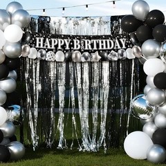 Black and White Happy Birthday Banner with Sparkly Balloons & Stars Pattern,