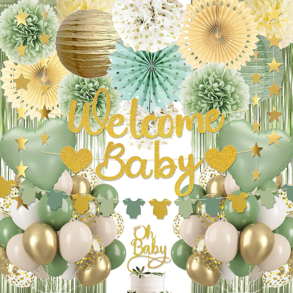 Sage Green Baby Shower Decorations – Gender Neutral Baby Shower Decor Set with W