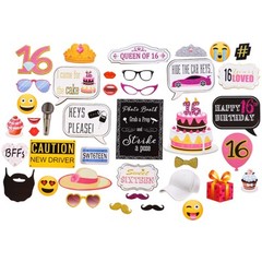 Sweet 16 Photo Booth Props Party Kit 41 Pieces with Wooden Sticks and Strike a