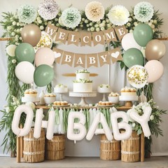 Oh Baby Shower Decorations Sage Green For Boy Girl Neutral Balloons Curtains Set