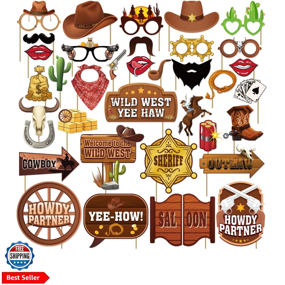 36Pcs Country Party Decorations Photo Booth Props, Western Photo Booth Props …