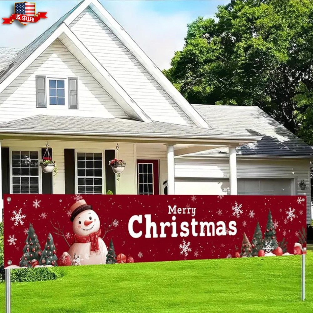 Merry Christmas Banner 118X20 Inches Red Backdrop Snowman Christmas Trees Snowfl