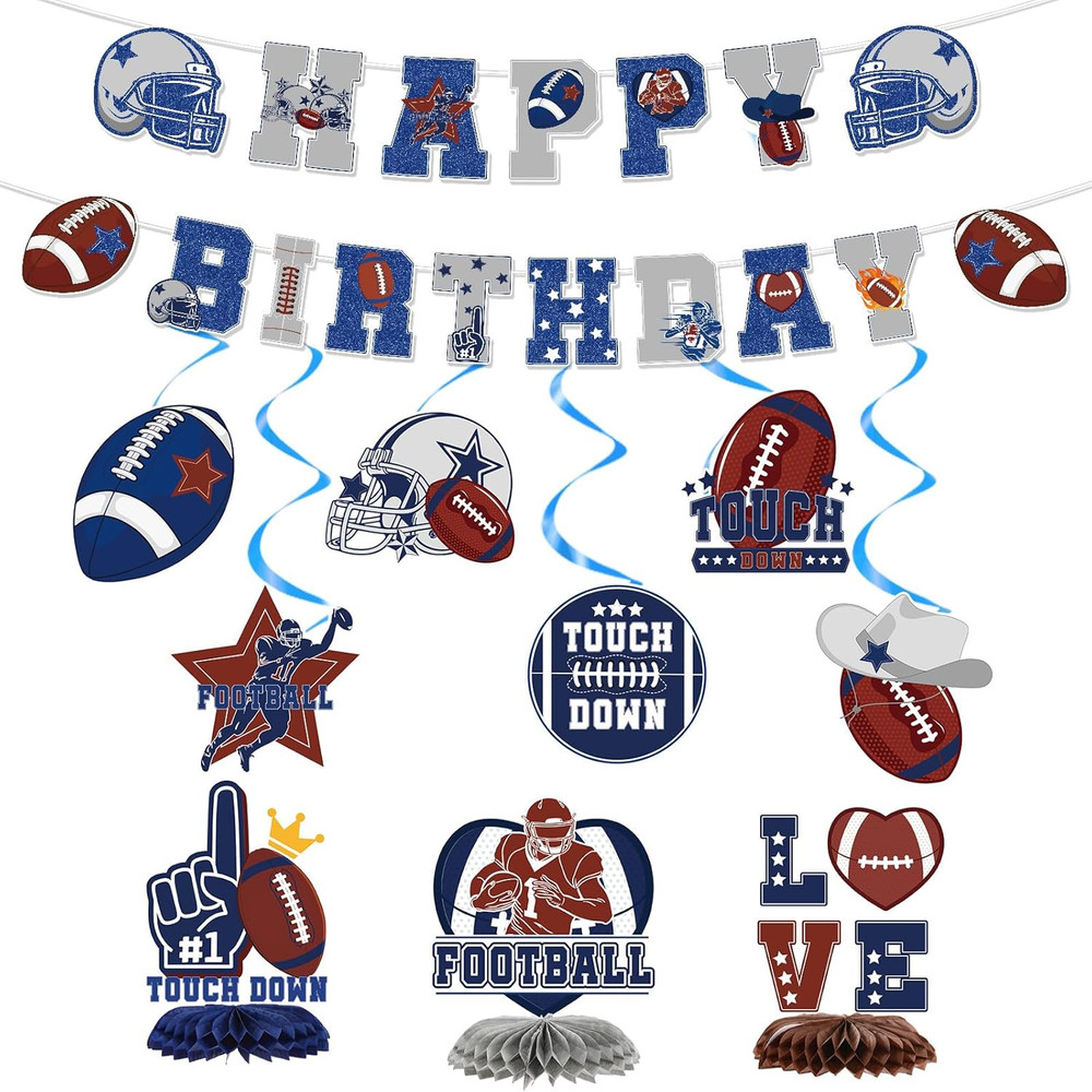 Cowboy Football Birthday Decorations – 11 Pcs Blue Cowboy American Rugby Banners
