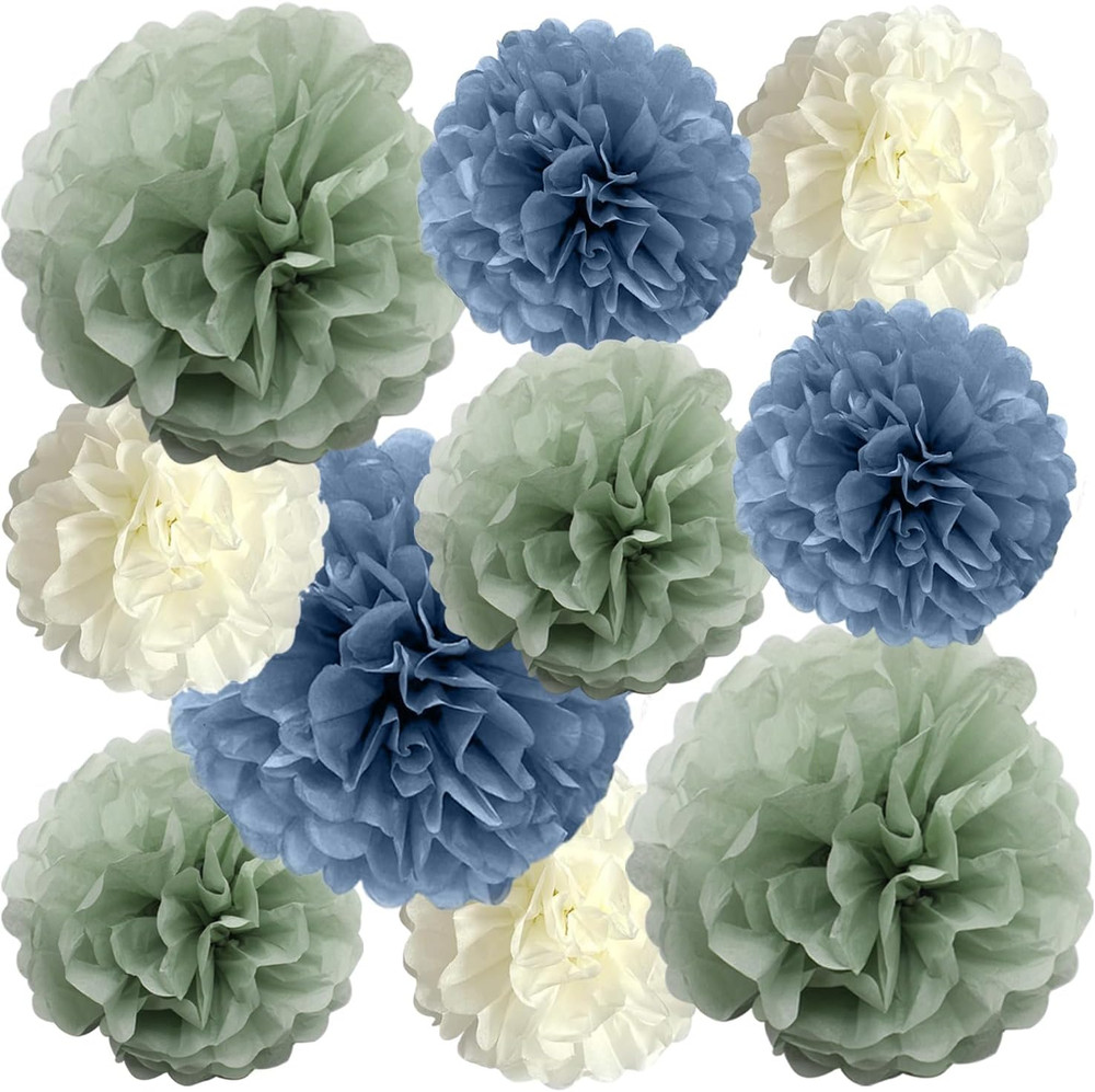 Sage-Green Dusty Blue Ivory Party-Decorations – 10-Pack Blue Green Boho Tissue P
