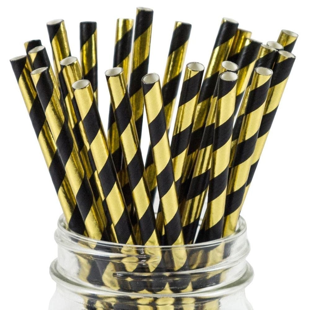 Disposable Black Gold Striped Paper Straws – 100 Pack Biodegradable Black and…