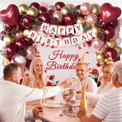 Burgundy Birthday Decorations Set – 20 15 Gold, 20 Rose 12 White Balloons
