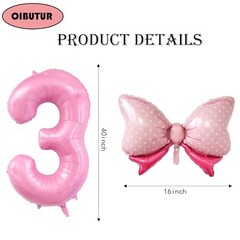 40 inch Number 3 Balloon with Bow Pink Birthday Number Balloon Pink Number 3